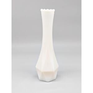 Vintage MCM White Bud Vase Geometric Design Scalloped Rim Milk Glass 8 3/4"